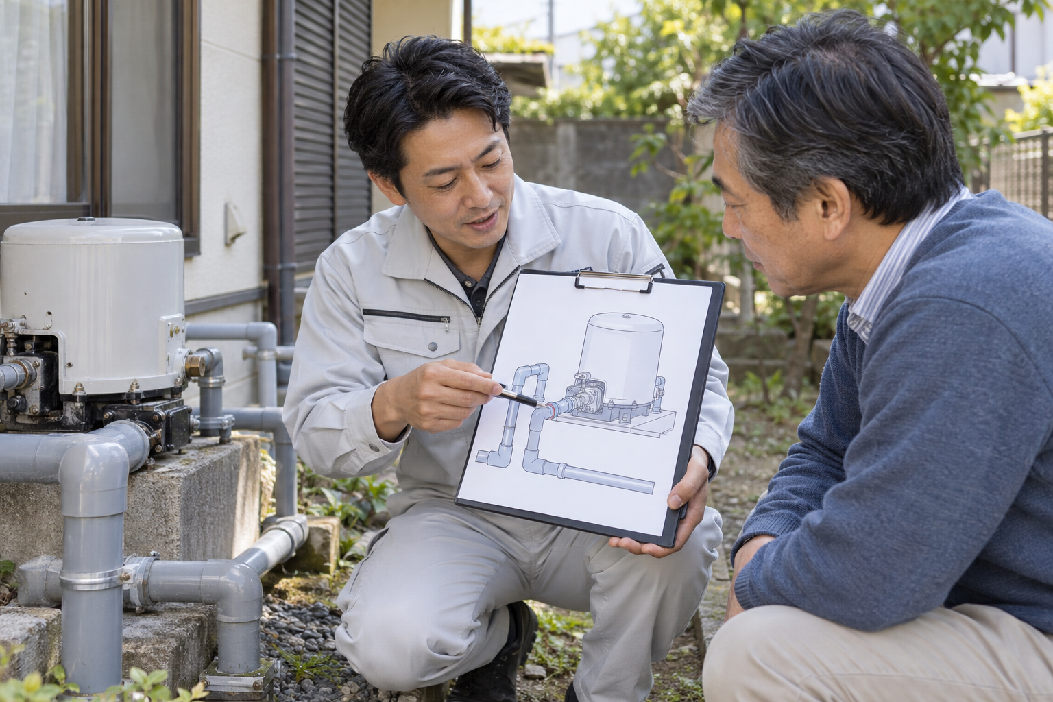 ポンプと配管の図を使って原因と対応方法を説明する作業員のイメージ
