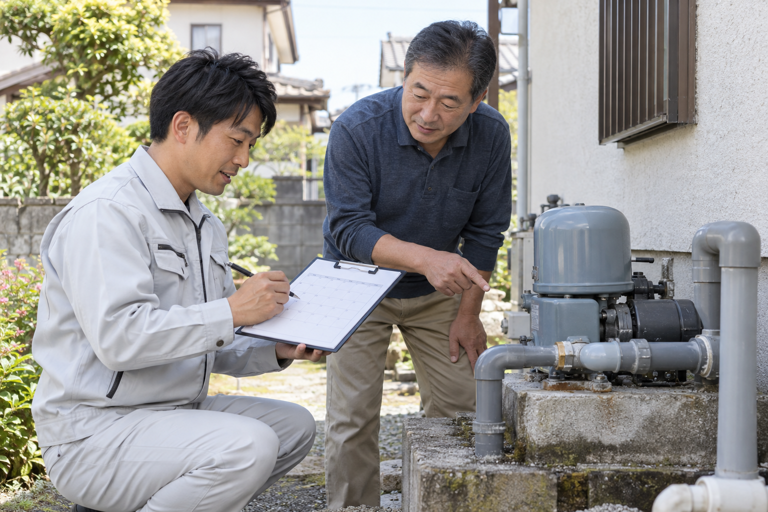 井戸ポンプのそばで日程表と設備の状態を確認する作業員とお客様のイメージ